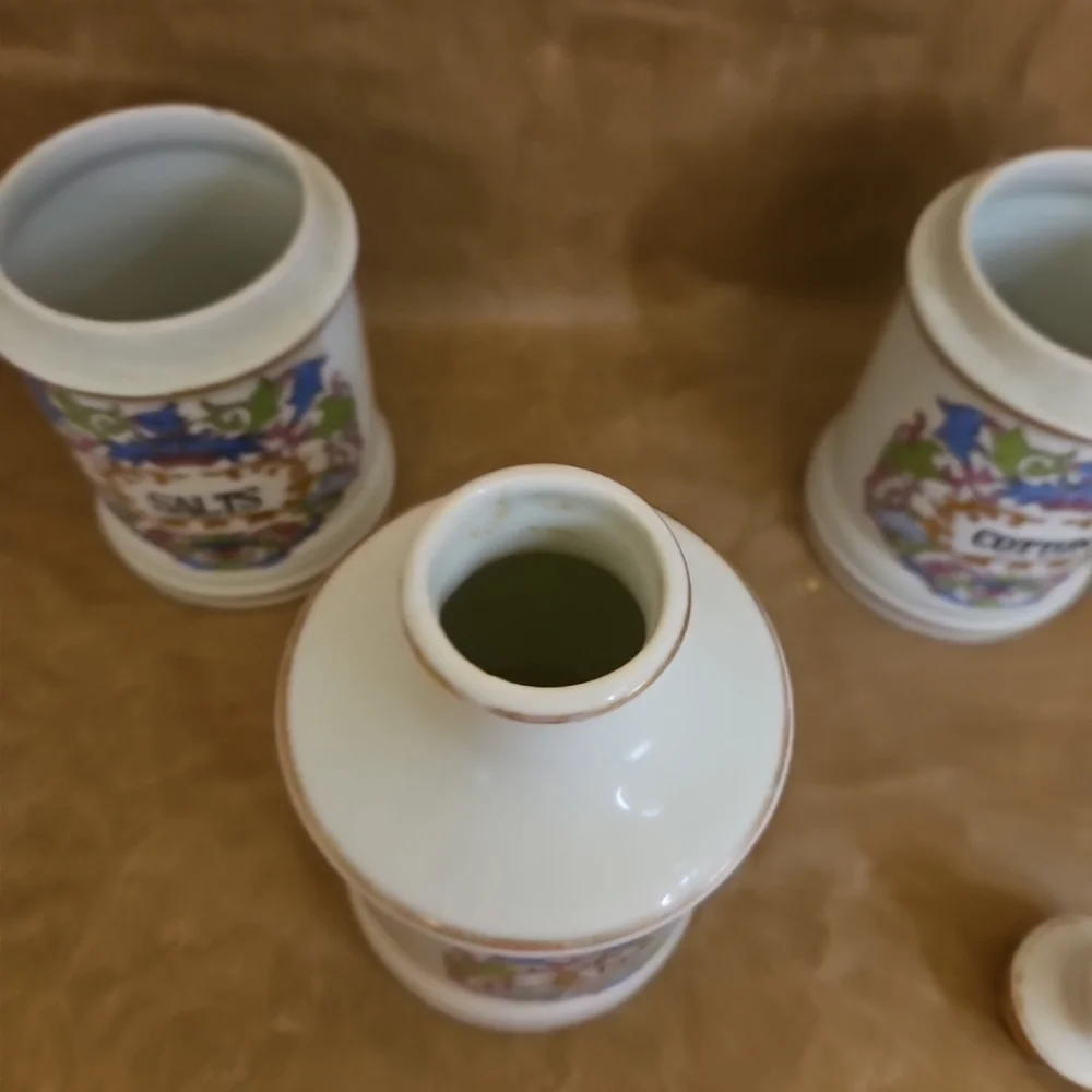 Vintage Apothecary Jars Peroxide Salts Cotton Bathroom Vanity Gold Trim